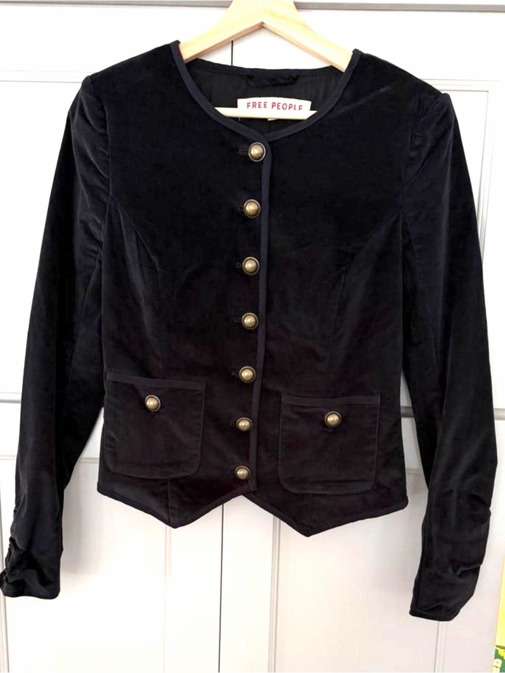 Free People “Becky” Black Velvet Military-Inspired Button Jacket